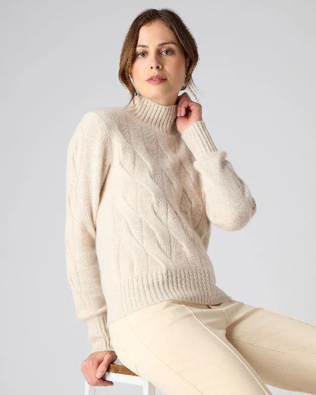 Women's Wardrobe Apparel Women's Cable Funnel Neck Cashmere Sweater Ecru White