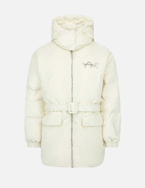 Women's Weekend Outfit Seagull Embroidery Corduroy Belted Down Jacket