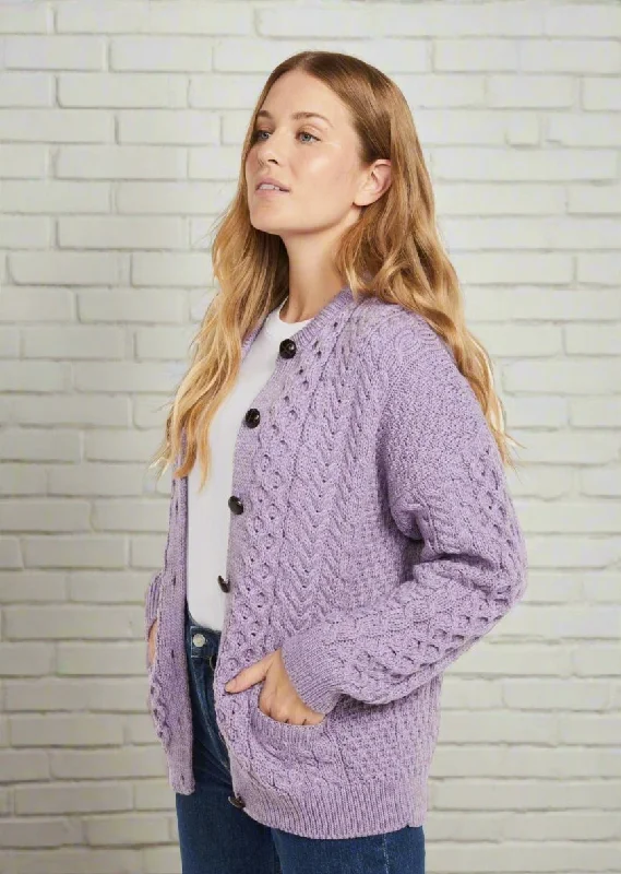 Women's Casual Outfit Achill Island Ladies Aran Cardigan | Lavender