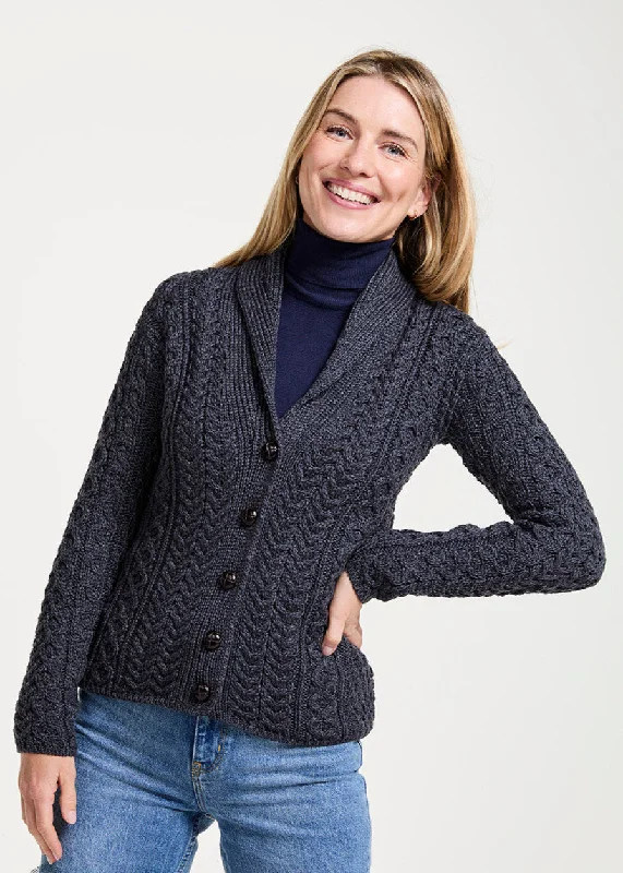 Stylish Outerwear Clothing For Women Shawl Collar Aran Cardigan | Charcoal