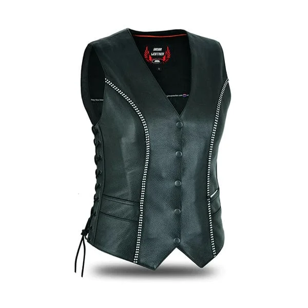 Elegant Women's Fashion Women's Black Leather Motorcycle Bling Vest With Rhinestone Detailing