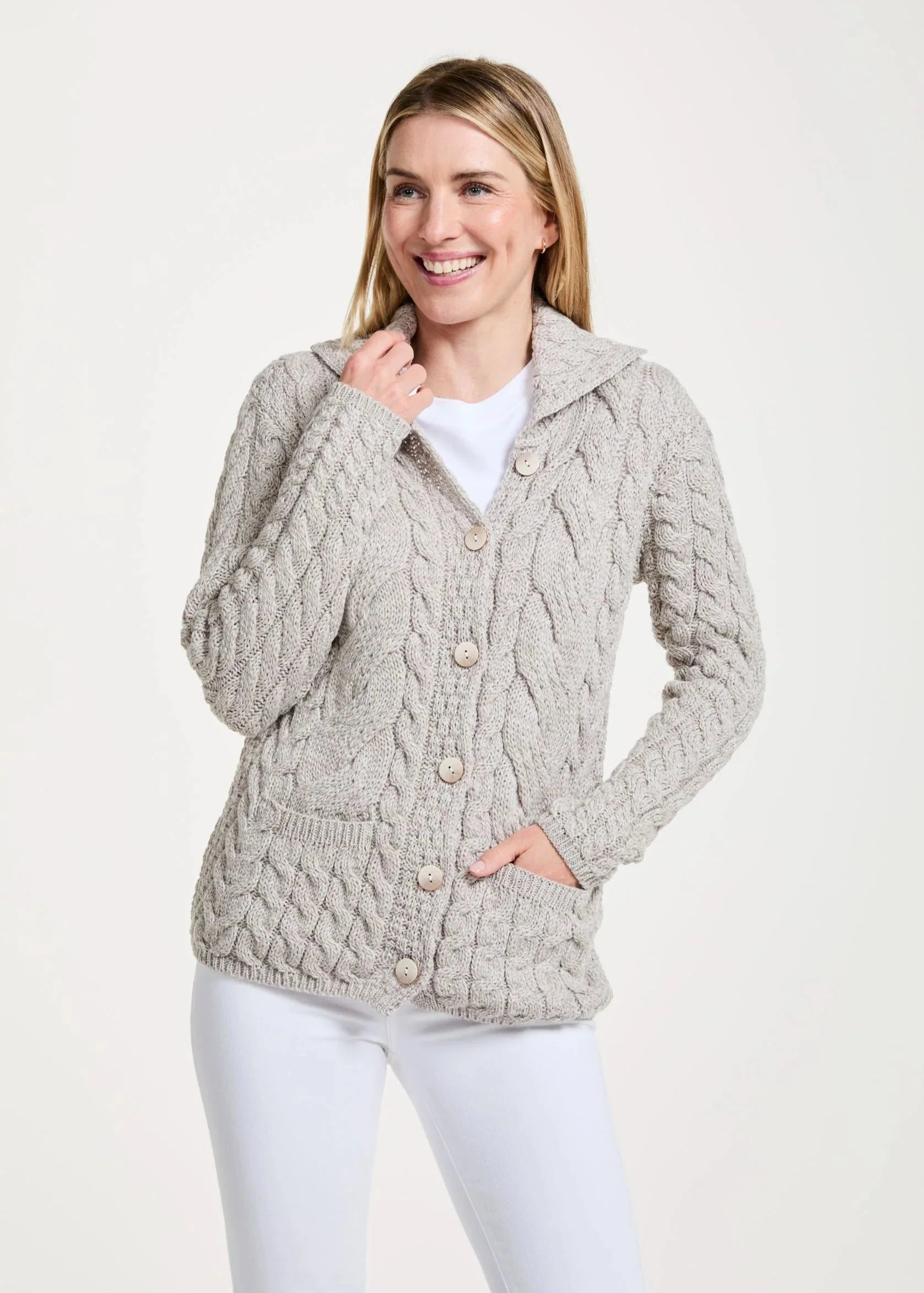 Timeless Women's Garments Belcarra Ladies Aran Cardigan | Oatmeal