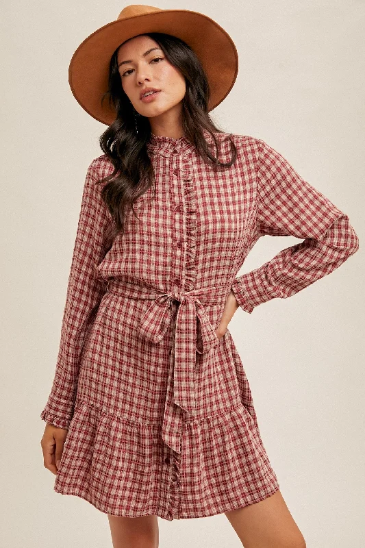 Women's Outerwear Attire Wine Country Plaid Belted Ruffle Long Sleeve Shirt Dress