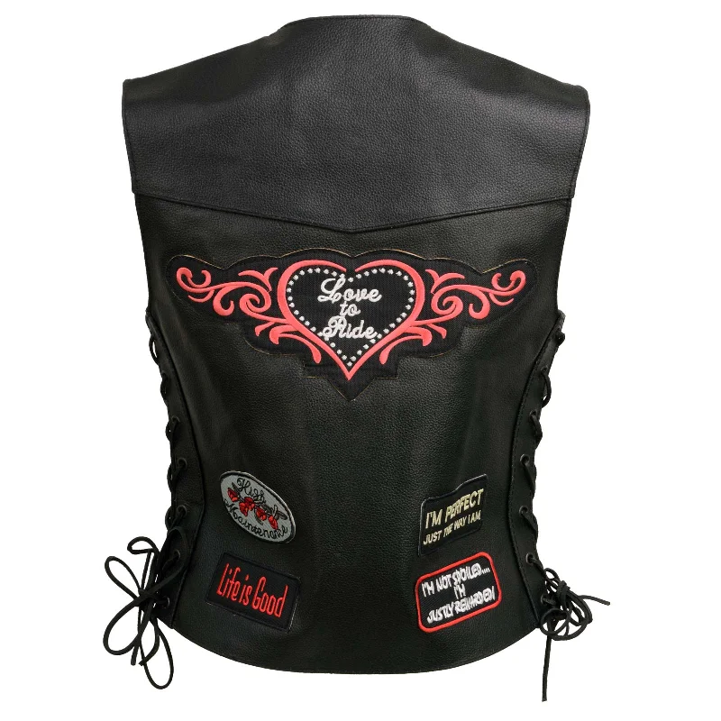 Women's Resort Garments Event Leather ELL4900 Women’s 'Love to Ride' Black Leather Motorcycle Patched Embroidered Vests with Side Laces