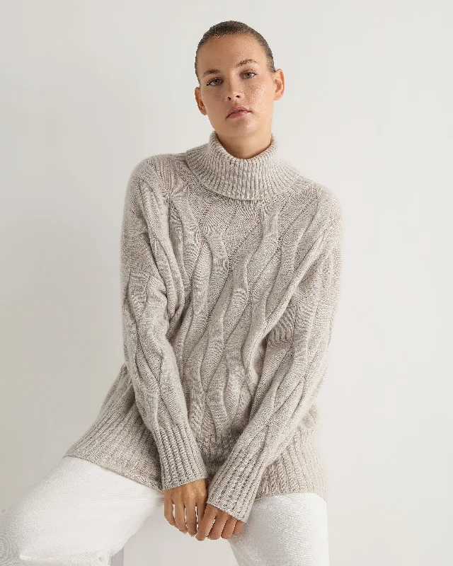 Women's Comfy Loungewear Outfit Women's Emmie Relaxed Cable Turtle Neck Cashmere Sweater Nougat Brown Marl