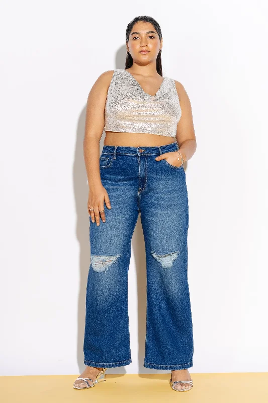 Exclusive Online Sale Curve Knee Ripped Wide Leg Jeans