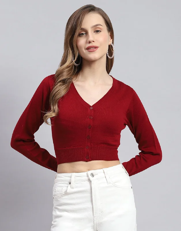 Fashion-forward Women's Clothing Women Maroon Solid V Neck Full Sleeve Sweater