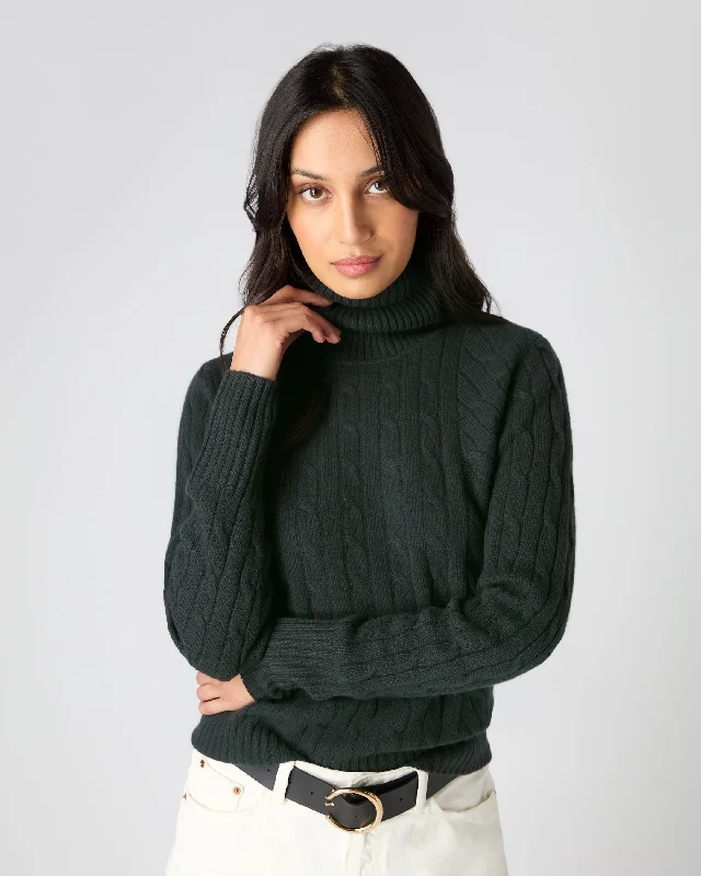 Women's Stylish Vacation Attire Women's Cable Turtle Neck Cashmere Sweater Dark Green