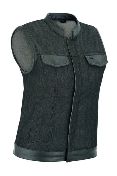 Stylish Women's Outfit Women's Rough Rub-Off Raw Finish Denim Vest W/Leather Trim