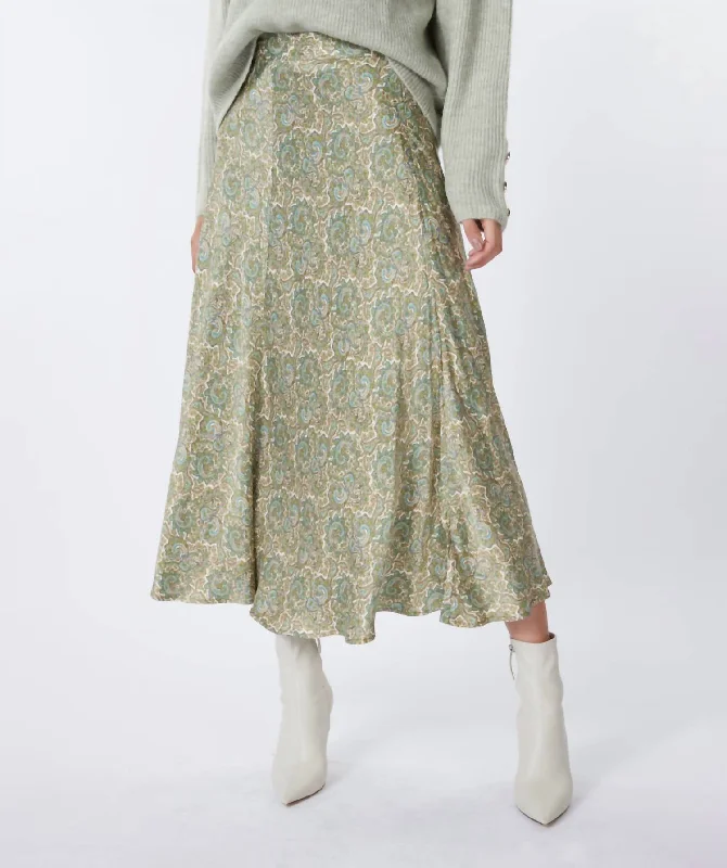 Online Boutiques Clothing Long Hideaway Print Skirt In Olive