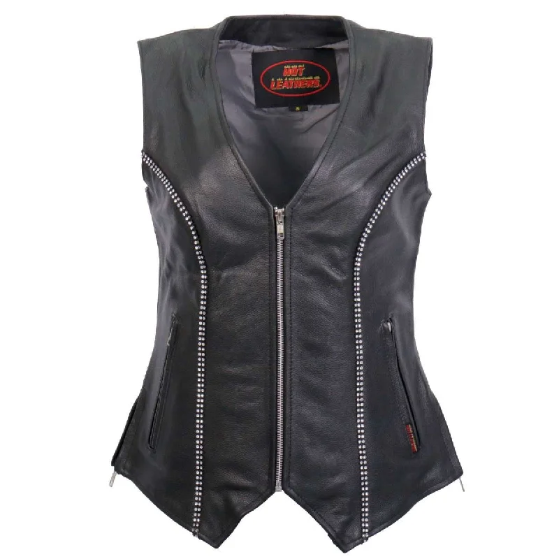 Women's Formal Event Outfit Hot Leathers VSL1016 Ladies 'Rhinestone' Black Leather MC Vest