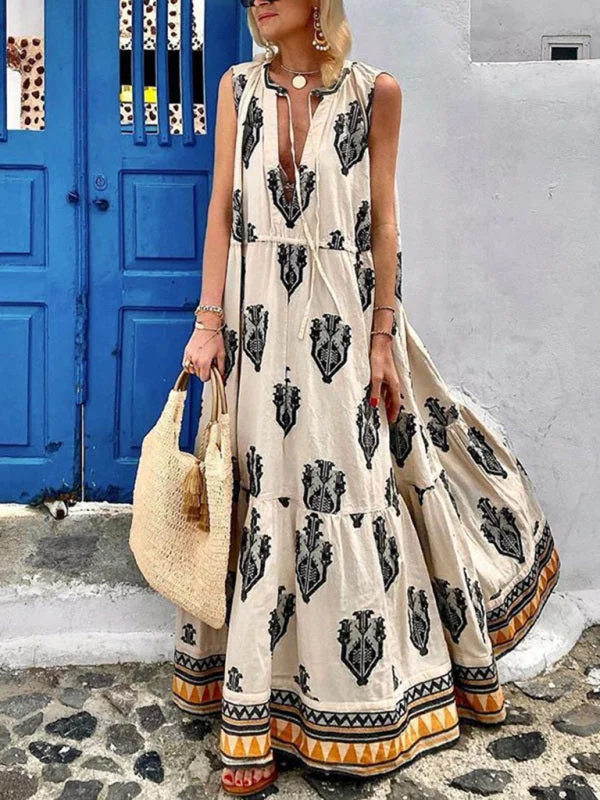 Women's Evening Wear Outfit BerryBetty - Women's Sleeveless Maxi Bohemian Print Dress