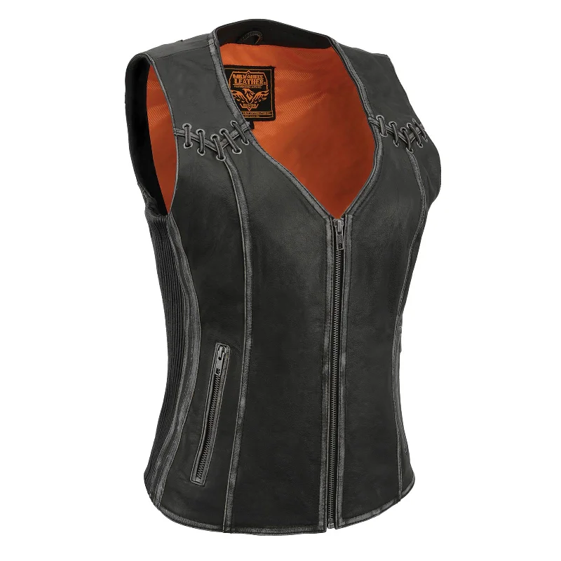 Trendy Women's Apparel Milwaukee Leather MLL4526 Women's Distress Grey Leather Motorcycle Rider Vest- Stretch Side Panel W/ Lacing Detail