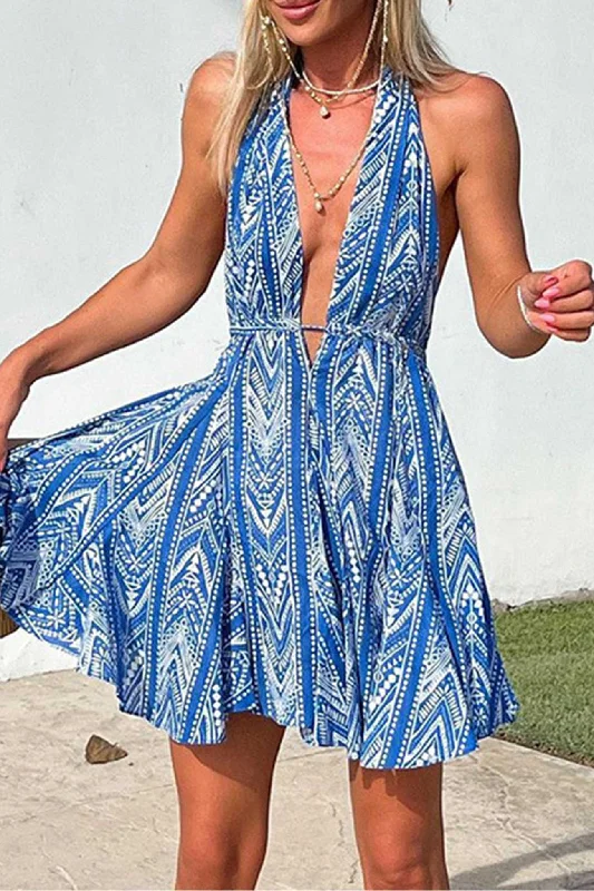 Women's Outfit For The Office TastyHottie - Blue Printed Halter Backless Dress