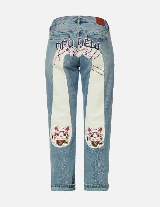 Best Online Boutiques For Women Fortune Cat Daicock Print Boyfriend Jeans