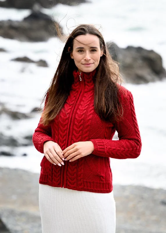 Elegant Women's Fashion Cable Knit Aran Cardigan | Red