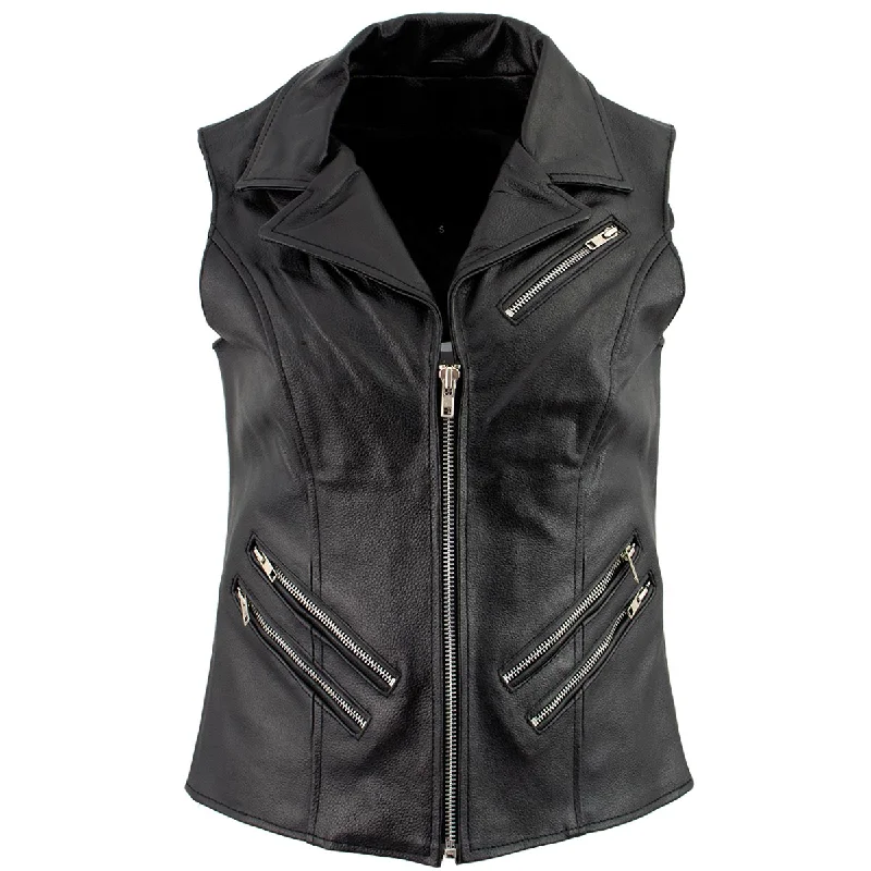 Women's Chic Outfit Ladies XS773 Black Zippered M/C Lapel Leather Vest