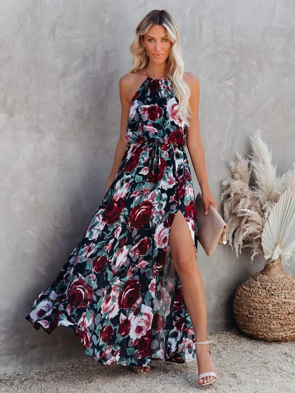 Women Wear Online BerryBetty - Women's Flower Print Halter Neck Large Swing Beach Dress Long Dress