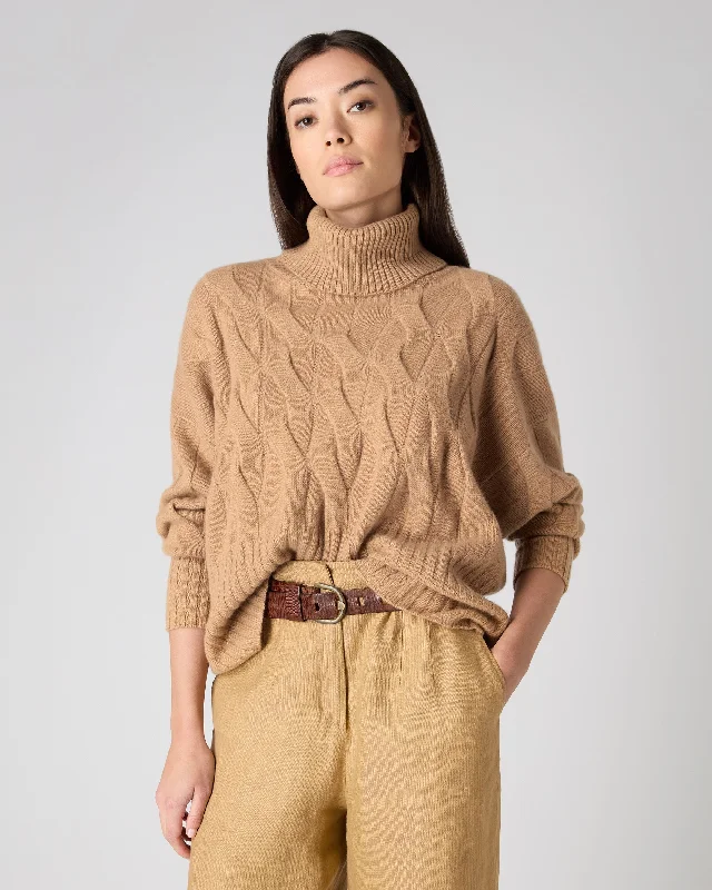 Women's Activewear Garments Women's Relaxed Cable Turtle Neck Cashmere Sweater Sahara Brown