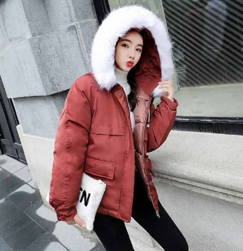 Comfortable Casual Wear Womens Winter Short Puffy Coat with Hood in Red