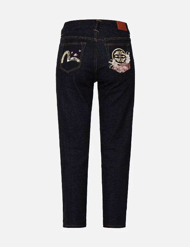 Women's Everyday Clothes Kamon and “Koi playing in the Waves” Embroidery Straight-leg Jeans