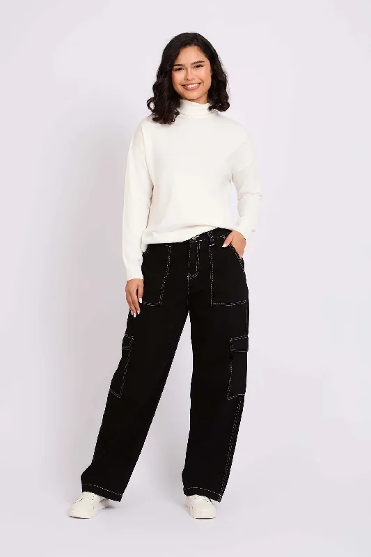 Women's Apparel And Garments Women Black Wide Leg Overstitch Denim Pant