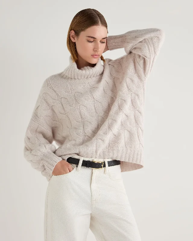 Easygoing Women's Style Women's Hana Chunky Cable Turtle Neck Cashmere Sweater Frost White