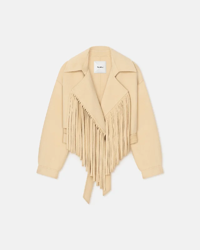 Women's Luxury Attire Ticia - Fringed Double Wool Jacket - Creme