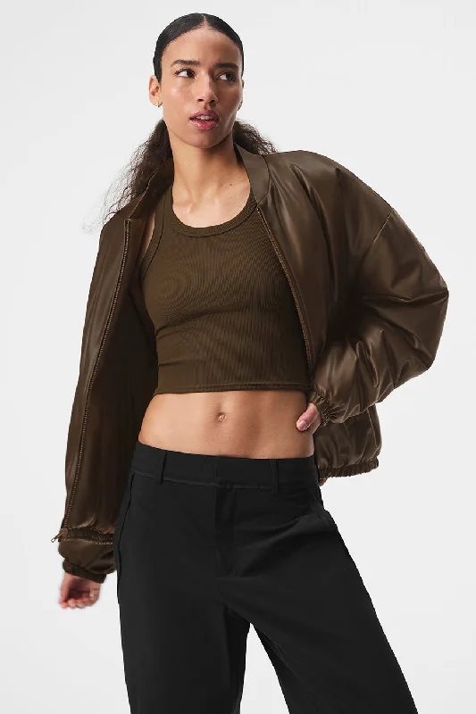 Women's Vacation Outfit Faux Leather Premier Bomber - Espresso