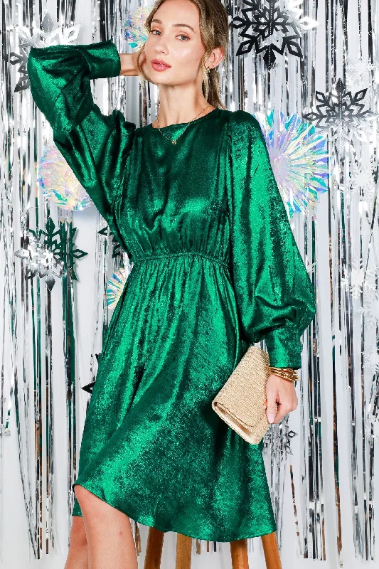 Timeless Women's Outfit Hunter Green Metallic Holiday Puff Long Sleeve Foil Cocktail Party Mini Dress