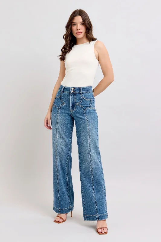 Sale For Women Judy Blue High Waist Star & Front Seam Detail Wide Leg Jeans 88957