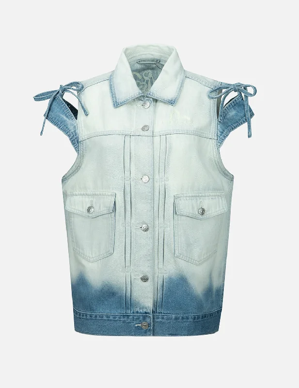 Women's Clothing Online Logo Embroidery Bleached Denim Waistcoat