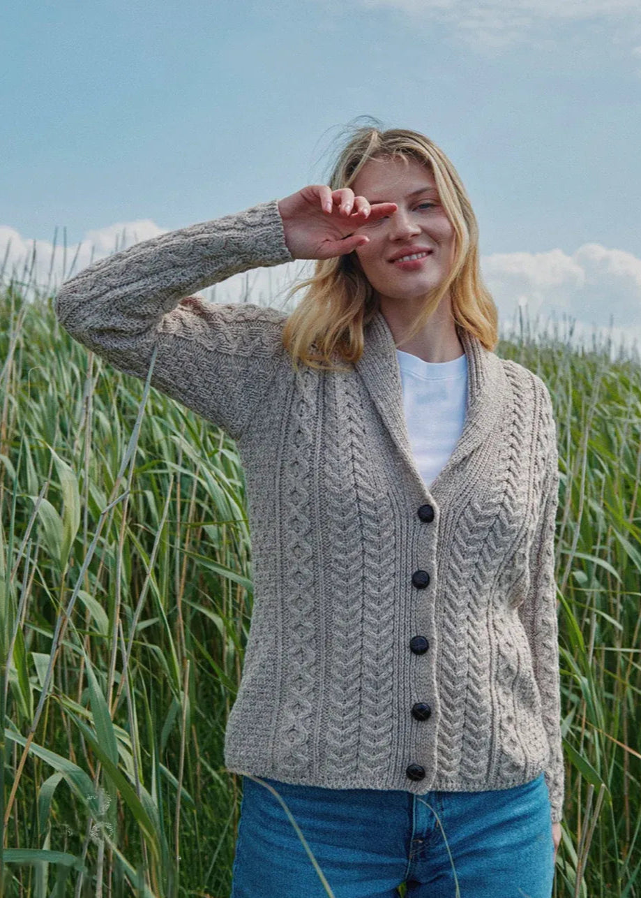 Classic Women's Clothing Styles Shawl Collar Aran Cardigan | Oatmeal