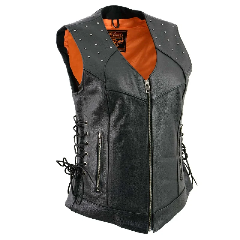 Women's Elegant Formal Outfit Milwaukee Leather MLL4504 Women's Classic Black Leather V-Neck Riveted Motorcycle Rider Vest with Side Lace