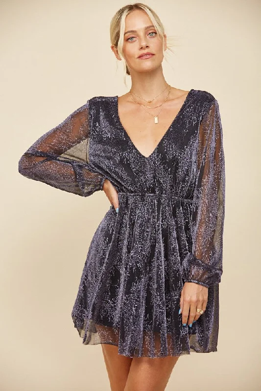 Women's Comfortable Lounge Attire Indigo Metallic Sparkling Mesh Long Sleeve Cocktail Holiday Party Mini Dress