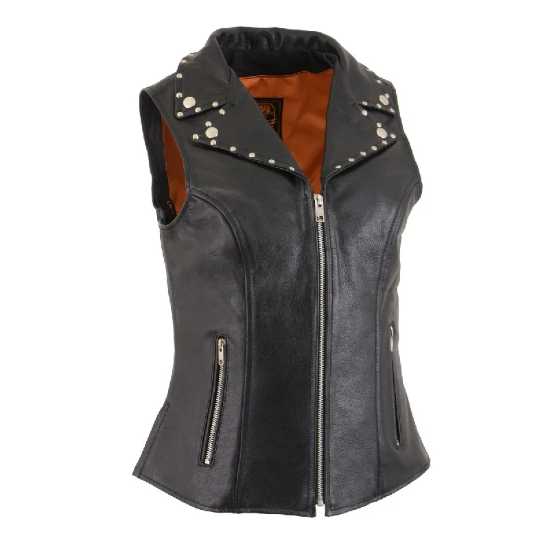 Women's Night-Out Outfit Milwaukee Leather MLL4503 Women's Black V-Neck Leather Classic Motorcycle Rider Vest w/ Riveted Lapel Collar