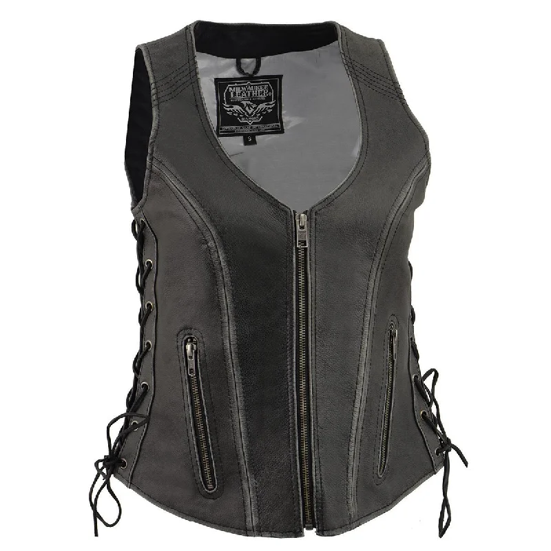 Plus Size Women's Fashion Milwaukee Leather Women's V-Neck Distress Grey Premium Leather Motorcycle Rider Vest w/ Side Laces MLL4531