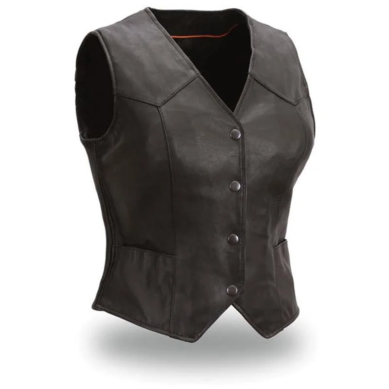 Women's Casual Outfit First Manufacturing FIL540ES Women's ‘Heiress’ Black Motorcycle Light Weight Leather Vest