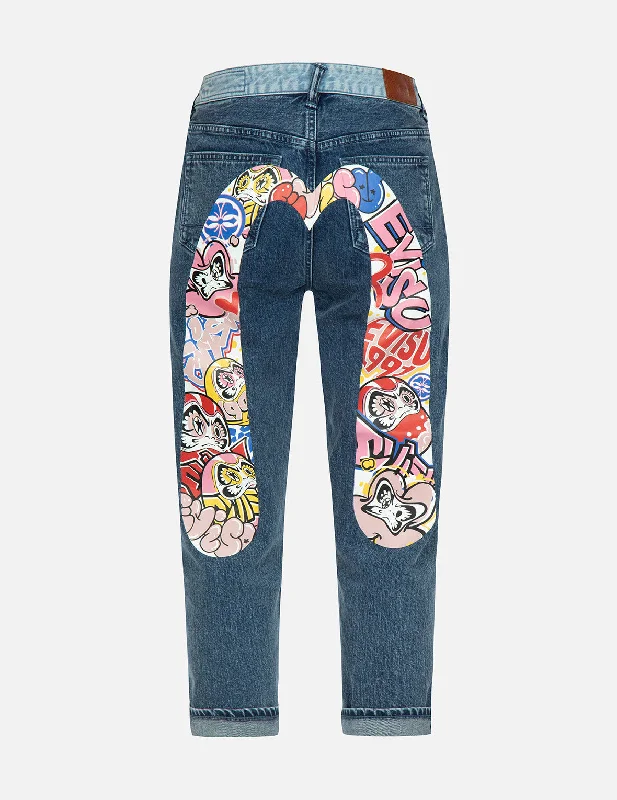 Trendy Women's Apparel for All Seasons Graffiti Daruma Daicock Print Two-tone Jeans