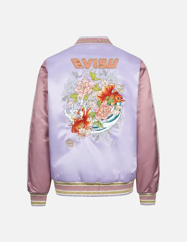 Women's Seasonal Wardrobe Clothing Goldfish and Floral Flow Embroidery Color-blocking Loose Fit Souvenir Jacket