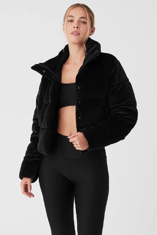 Women's Elegant Clothes Ribbed Velour Gold Rush Puffer - Black