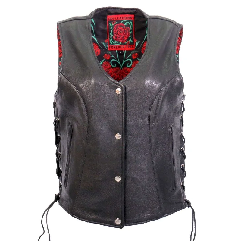 Trendy Casual Outfits Hot Leathers VSL1019 Ladies 'Red Rose' Lined Black Leather MC Vest