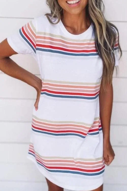 Women's Casual Wear Clothes Stripe O Neck Trendy Short Sleeve Mini Dress