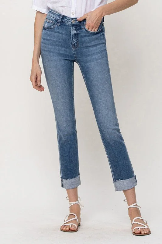 Timeless Women's Clothes Mid-Rise Single Cuffed Crop Slim Straight Jeans