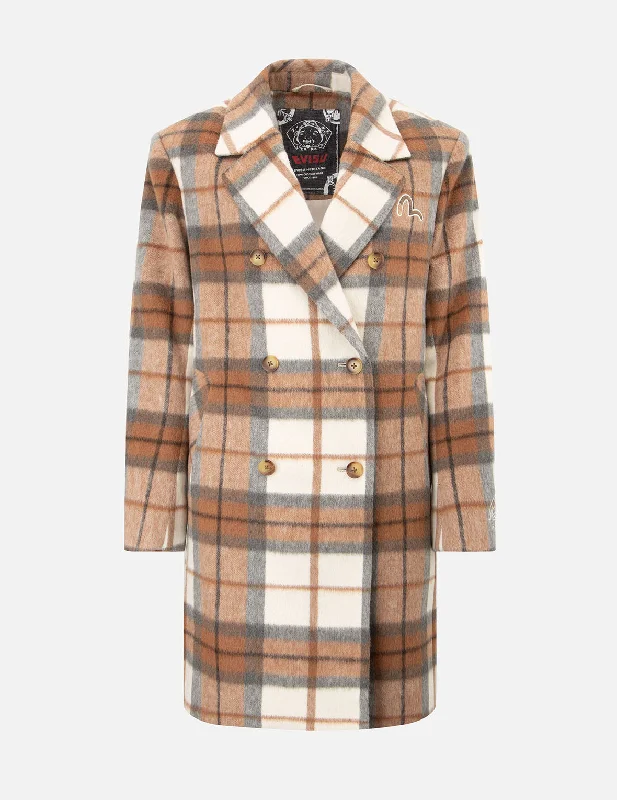 Women's Party Outfit Seagull Embroidery Checked Wool-Blend Coat