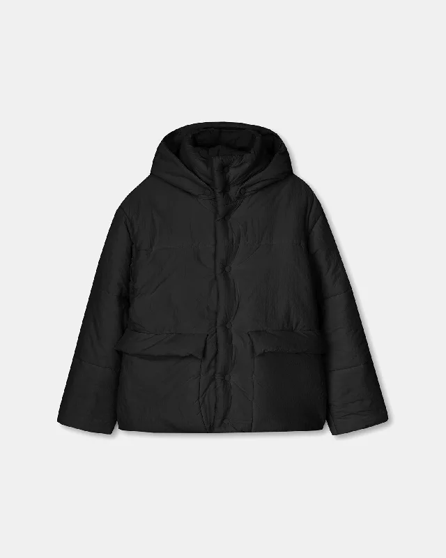 Women's Athletic Apparel Hide Hood - Tech Poplin Hooded Puffer Jacket - Black