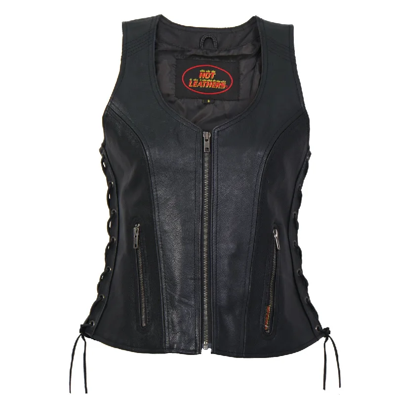 Comfortable Outfit For Women Hot Leathers VSL1013 Ladies Black Leather Side Lace Zip-Up Vest