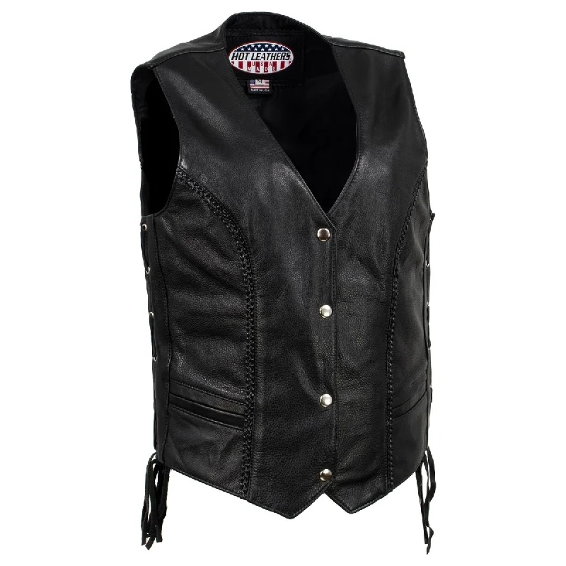 Women's Casual Attire Hot Leathers VSL5001 USA Made Women's 'Vivacious' Black Braided Motorcycle Leather Vest