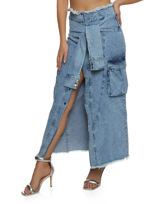 Women's Plus-Size Casual Outfit Tie Waist Frayed Hem Denim Maxi Skirt