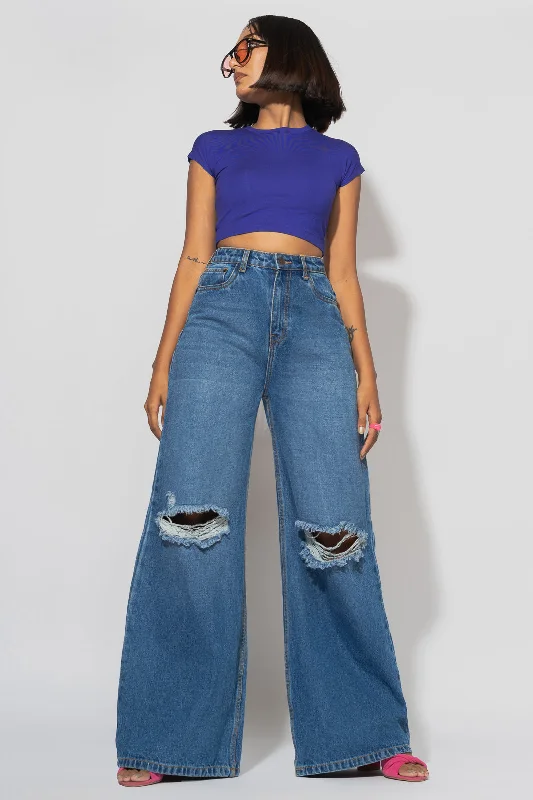 Flash Discount Blue Distressed Wide Flare Jeans